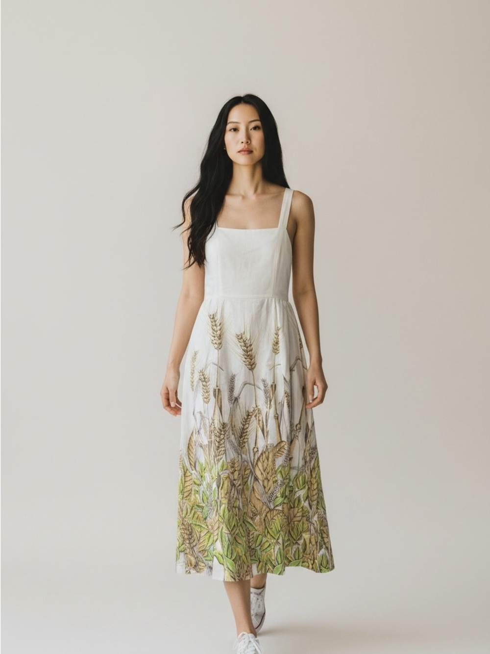 Mara Hoffman White Midi Dress with Green and Tan Botanical Print size S